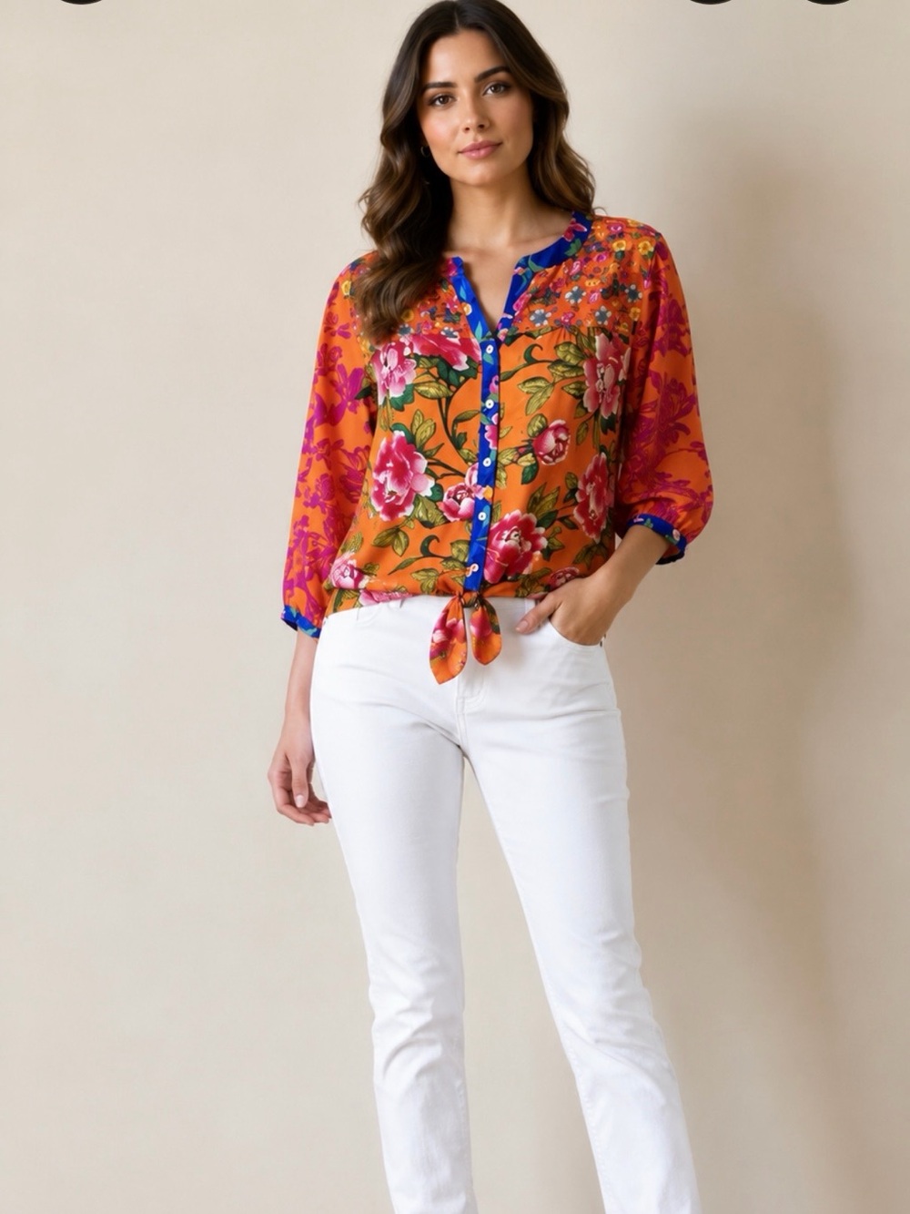 John Mark Orange Floral Button-Down Blouse with Blue Trim